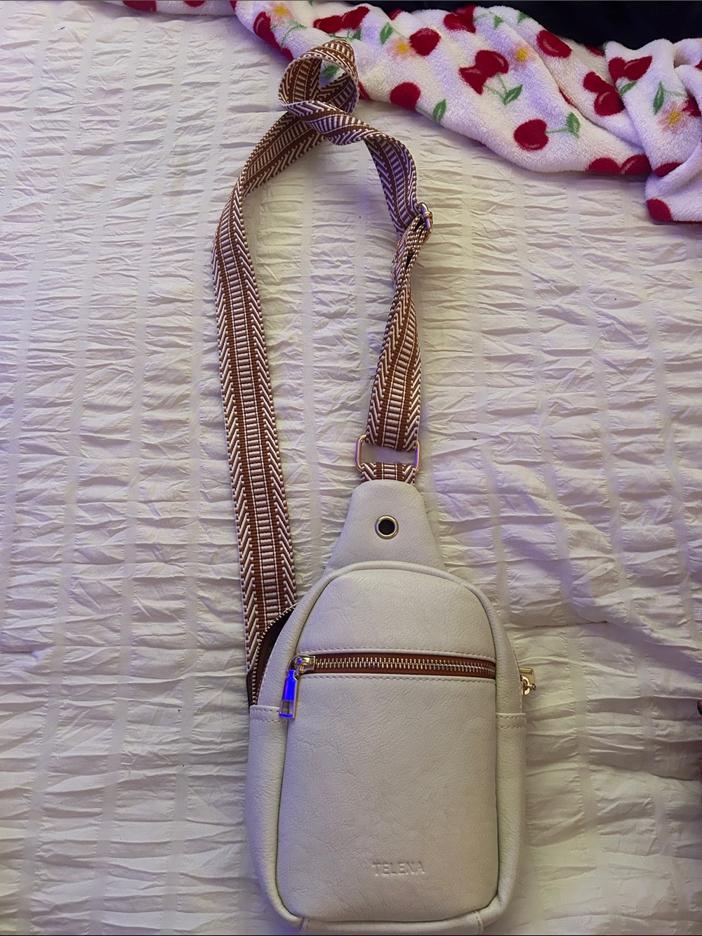 White Crossbody Sling Bag with Patterned Strap